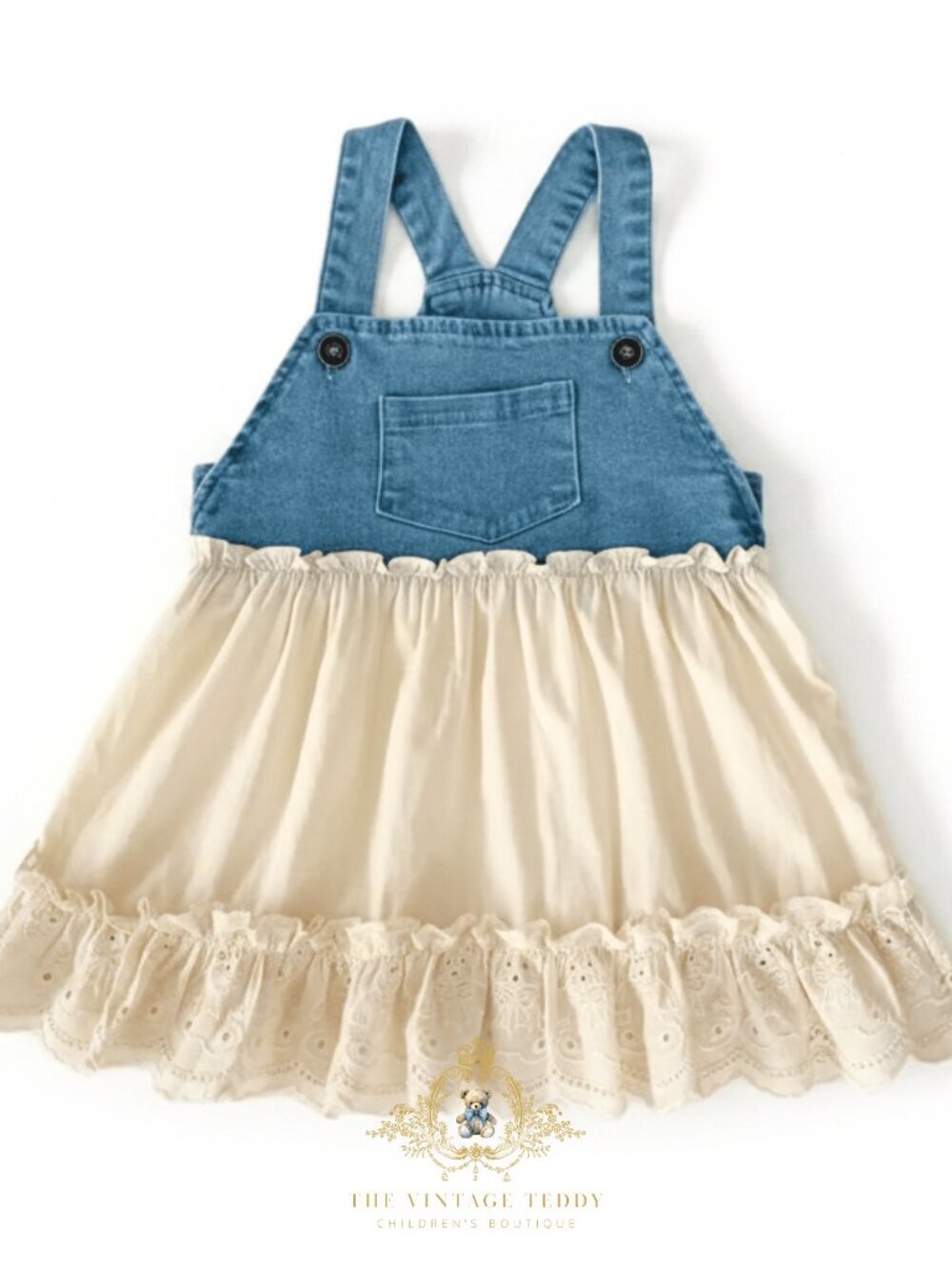 NWT Pretty Girls Denim & Lace Overalls Dress Boho Eyelet Embroidery Cream 12-18M - Picture 2 of 2